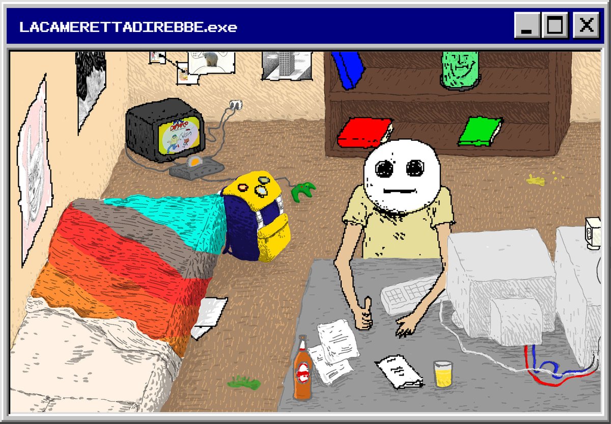 unotre's tweet photo. @reb.be is an illustrator from rome. la cameretta di rebbe is the interactive PC CD-ROM game you would have found as a gift in 2002 in the worst cereals sold in the dirtiest convenience store.

to know more: https://t.co/W1PO5GRern https://t.co/CXmSTGGhAE