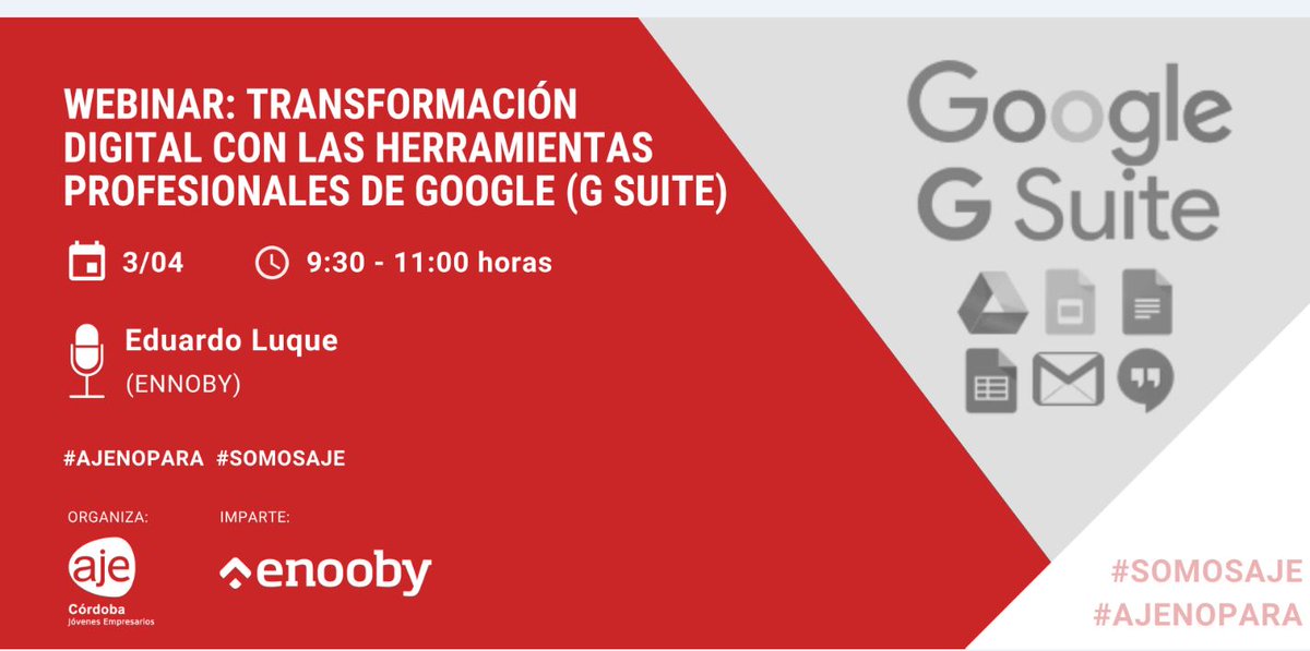 Y porque #AJENoPara No te pierdas la formación que tenemos mañana sobre Transformación Digital con Google impartida por nuestro asociado <a href="/eduardo_luque/">Eduardo Luque</a> <a href="/enooby/">Enooby</a> 
Unirse a la reunión Zoom aqui 
zoom.us/j/206580950    
#somosAJE #FormacionAJE