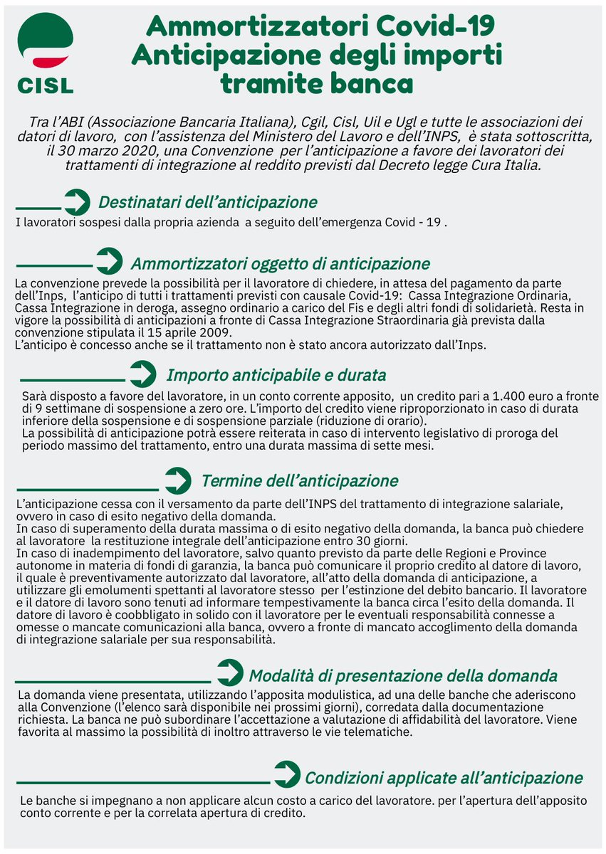 La locandina della Cisl che illustra i punti della Convenzione firmata tra #Governo, #ABI e parti sociali per l’anticipazione degli importi degli ammortizzatori #COVID19 tramite le banche per i lavoratori interessati. Ecco come ottenere il pagamento della Cig senza alcun costo 👇🏻
