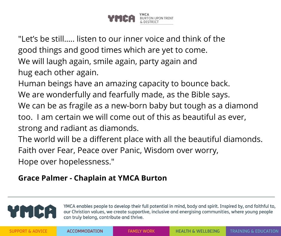 Here's a message from our Chaplain Grace ❤️ 

Grace is still supporting us during this difficult period and we appreciate her calming words. 
#Charity #Chaplaincy #YMCAFamily