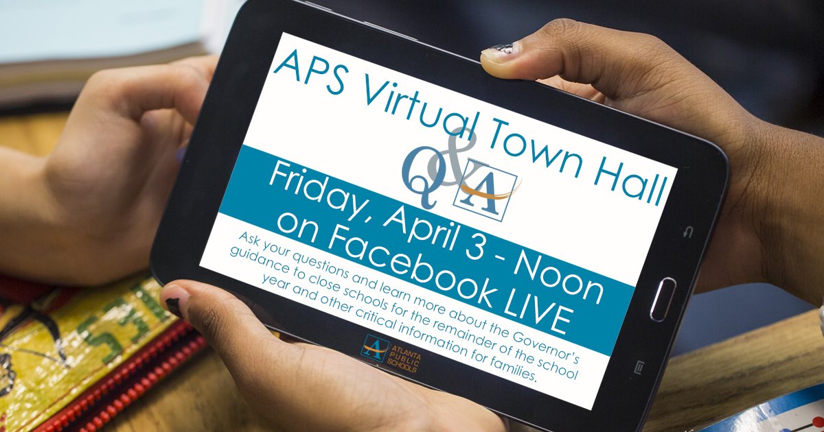 Please tune in tomorrow! We will host another APS Virtual Town Hall Friday, April 3 at noon on Facebook Live! Please comment below with your questions to be addressed by <a href="/CarstarphenMJ/">Meria Carstarphen</a>! facebook.com/AtlantaPublicS…