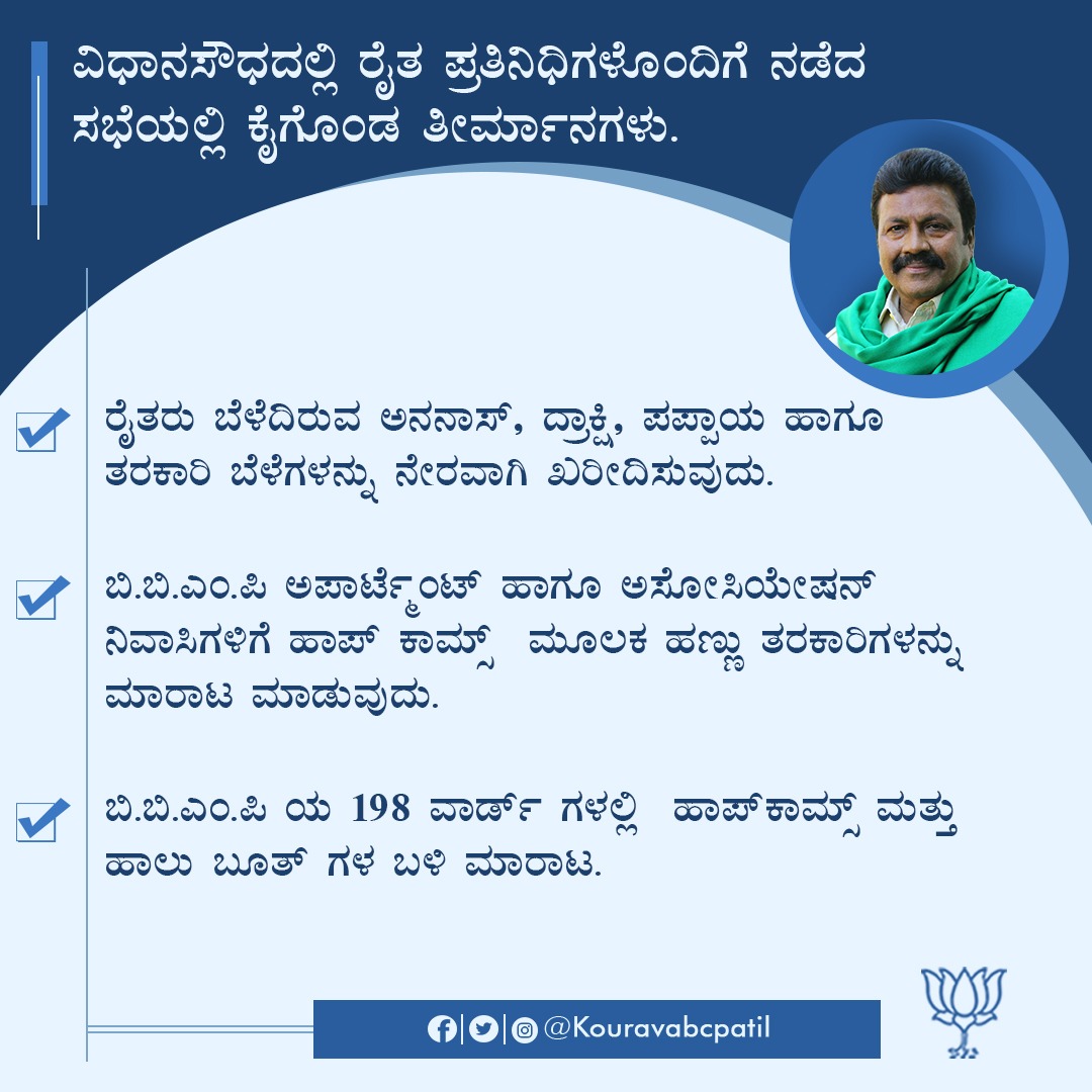 bcpatilkourava's tweet photo. ಇಂದು ವಿಧಾನಸೌಧದಲ್ಲಿ, ಸಹಕಾರ ಸಚಿವರಾದ ಶ್ರೀ @STSomashekarMLA, ಕಾರ್ಮಿಕ ಸಚಿವರಾದ ಶ್ರೀ @ShivaramHebbar, ತೋಟಗಾರಿಕಾ ಸಚಿವರಾದ ಶ್ರೀ ನಾರಾಯಣ ಗೌಡ, ಬಿಬಿಎಂಪಿ ಮೇಯರ್ ಶ್ರೀ ಗೌತಮ್ ಕುಮಾರ್ ಹಾಗೂ ಇಲಾಖೆ ಅಧಿಕಾರಿಗಳು ರೈತ ಪ್ರತಿನಿಧಿಗಳೊಂದಿಗೆ ಹಣ್ಣು - ತರಕಾರಿಗಳ‌ ನೇರ ಖರೀದಿ ಕುರಿತು ಸಭೆ ನಡೆಸಲಾಯಿತು.

#IndiaFightsCorona https://t.co/3t639BXIHU