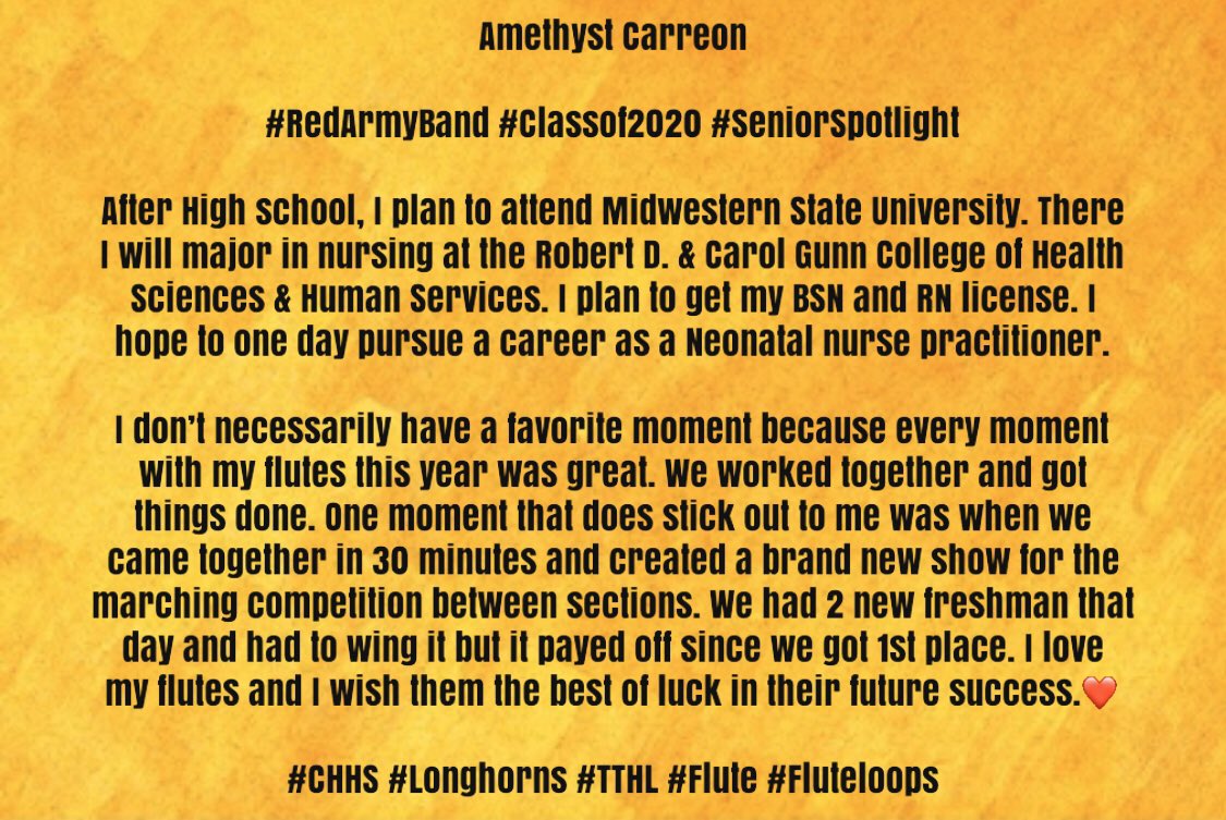 RedArmyBandCHHS's tweet photo. Amethyst Carreon 

#RedArmyBand #Classof2020 #SeniorSpotlight

#CHHS #Longhorns #TTHL #Flute #Fluteloops https://t.co/tTN1btkQTu