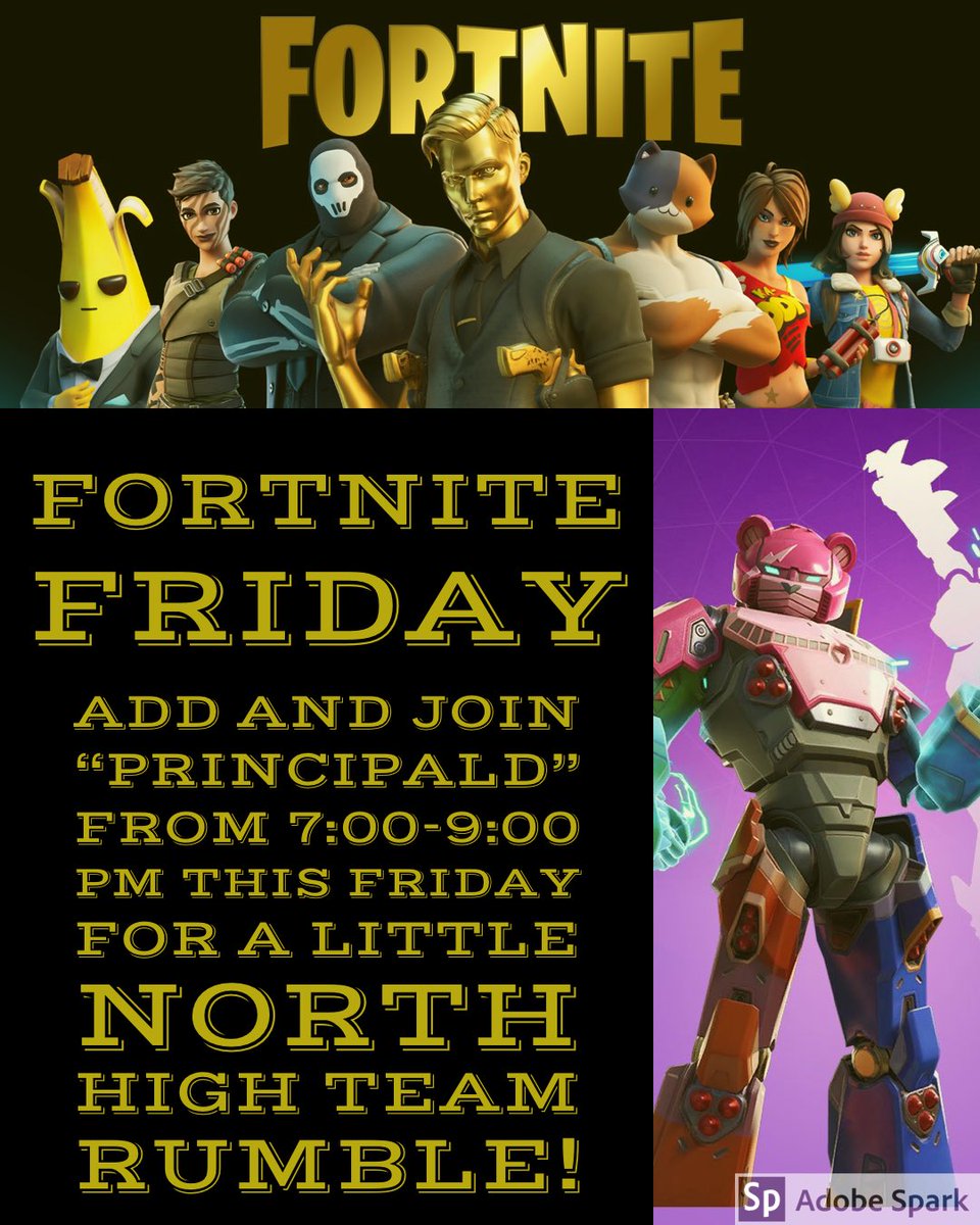 NHS_SCCSD's tweet photo. Join Mr. Dumkrieger as he swaps a school bus for the battle bus this Friday night for “Friday Night Fortnite” from 7:00-9:00 PM. Username “PrincipalD” and noobs are welcome! Format will be Team Rumble Squad Formation. https://t.co/aIobBFnQJe