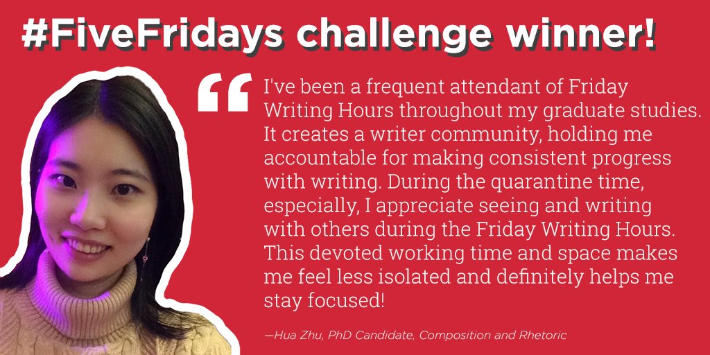 HCWEMiami's tweet photo. We have another #FiveFridays winner! A huge congrats to Hua on sticking with her writing and research consistently this semester. Come write with us digitally tomorrow during our writing hours (8:30am-12), and take the #FiveFridays challenge! Sign up here: https://t.co/jmdM4gVy3g https://t.co/6Q5xyedqRW