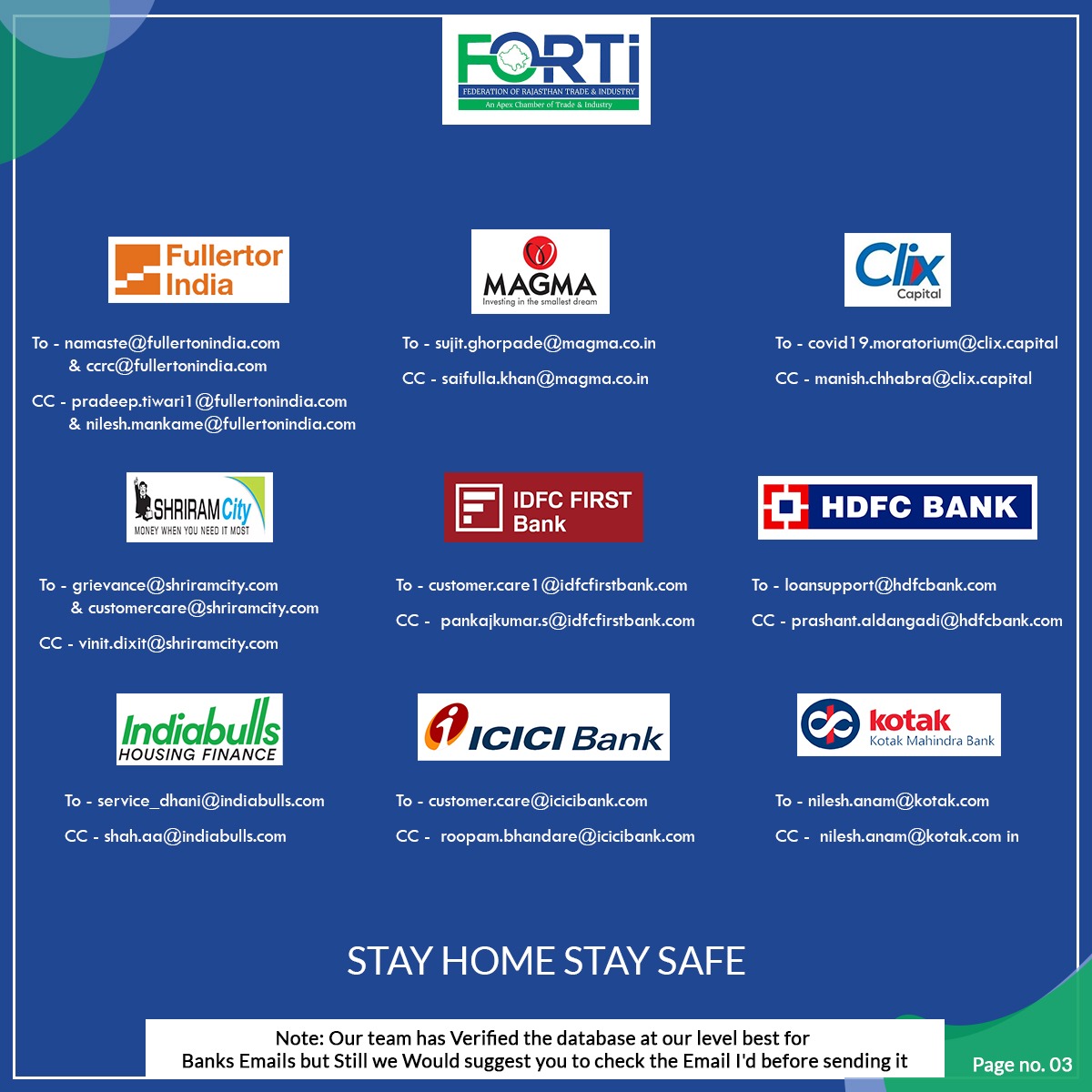 FORTIRajasthan's tweet image. Here are listed E-mail ID of banks to hold your automated or pre-scheduled EMI debits as per RBI guidelines.
#Fortiindia #bankemi #RBI #EMIdebits #coronaviruscrises