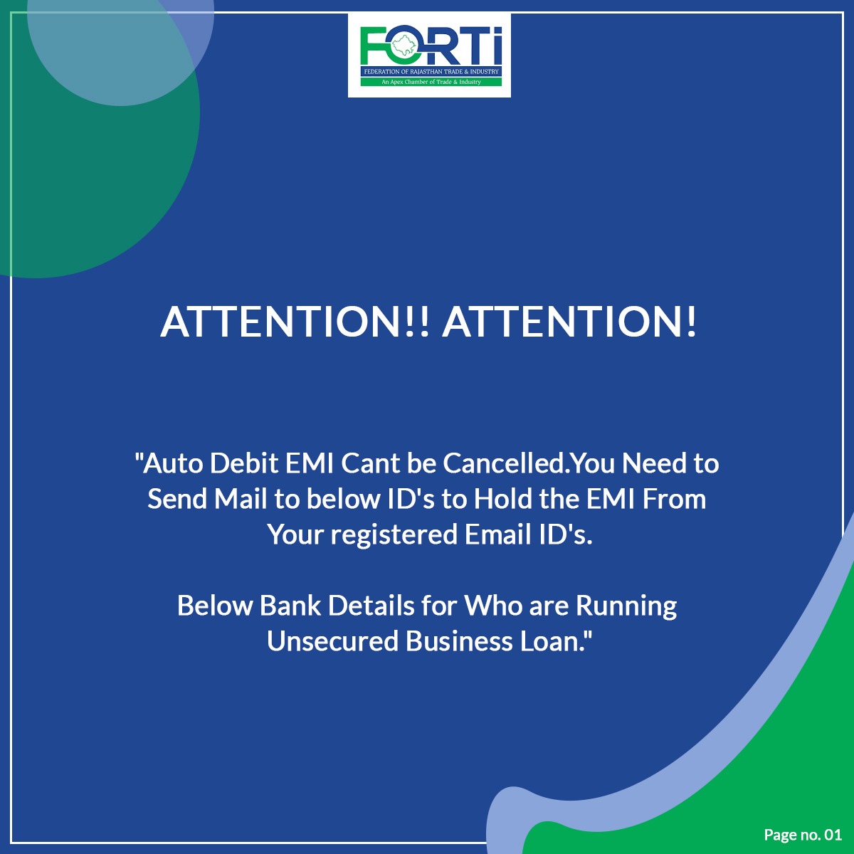 FORTIRajasthan's tweet image. Here are listed E-mail ID of banks to hold your automated or pre-scheduled EMI debits as per RBI guidelines.
#Fortiindia #bankemi #RBI #EMIdebits #coronaviruscrises