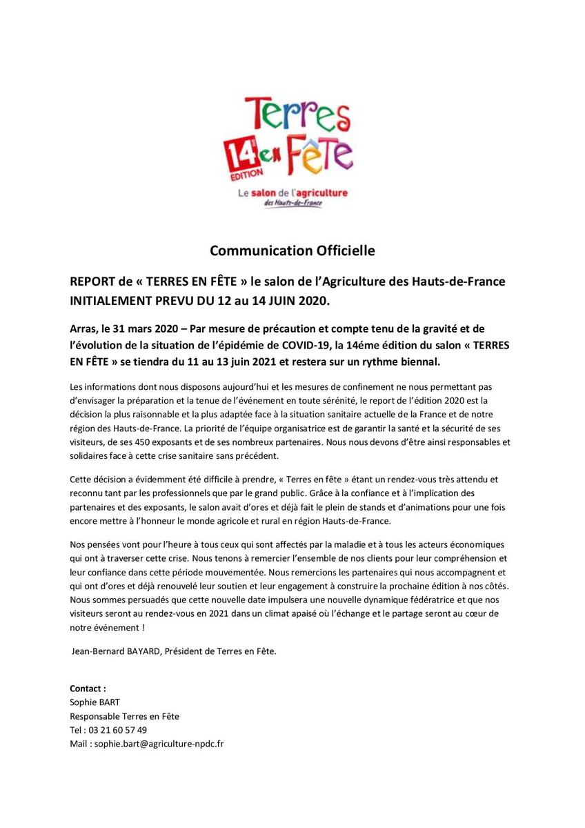 Terres en Fête reporté du 11 au 13 juin 2021.
