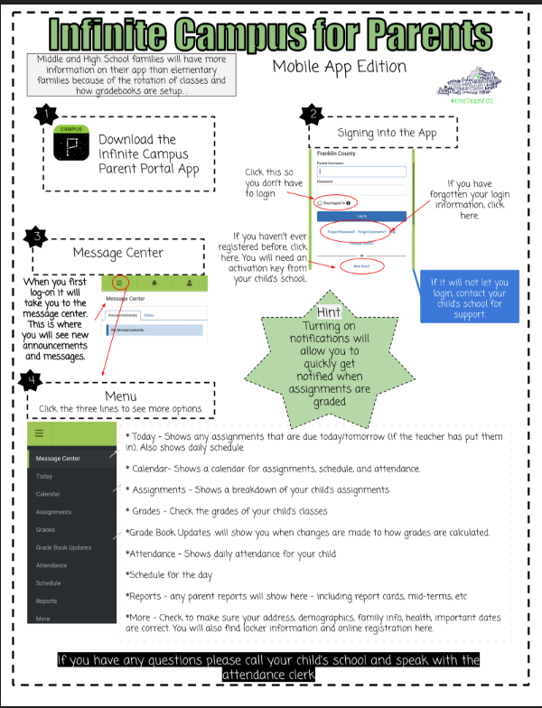 Stella_Pollard's tweet photo. A how-to guide for families on how to use the @InfiniteCampus parent portal app. #KYDLC #KYGoDigital #FCSTechTips #InfiniteCampus https://t.co/XzpZ5Pb37q