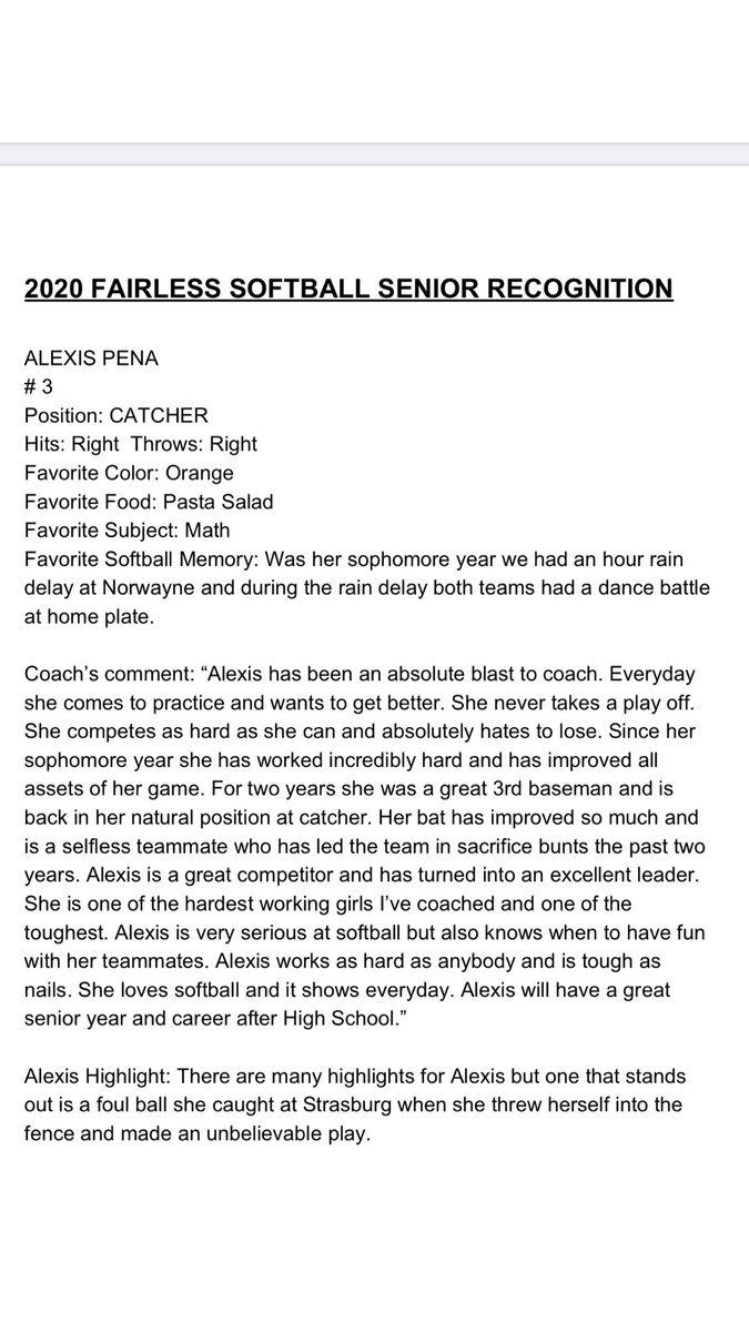 FHSFalconsSB's tweet photo. Our 4th senior is #3 Alexis Pena. Alexis has a great attitude and is a very hard worker. She has developed into a great player and leader. Read more below about Alexis. @FalconReview @FairlessCheer @FairlessHS @AthleticFalcons @FHSSportsMedia @20dirtybirds20 @Lady_Falcon_BB https://t.co/LRSPTn73LV