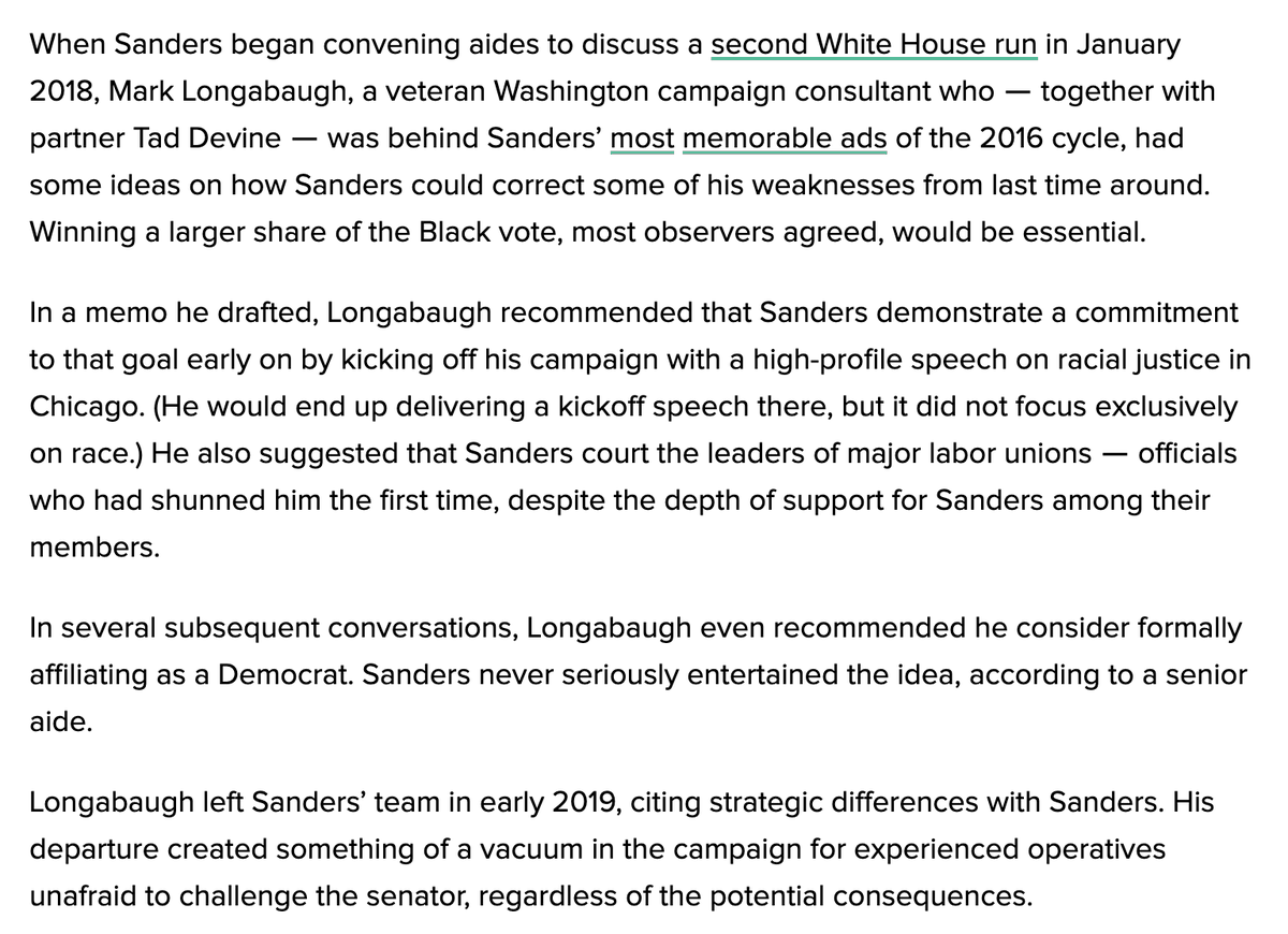 Mark Longabaugh, a consultant and veteran of the 2016 effort, recommended Sanders affiliate as a Democrat and begin campaign with a big speech on race in Chicago. Sanders would end up doing neither. Longabaugh left the campaign early on due to strategic differences.