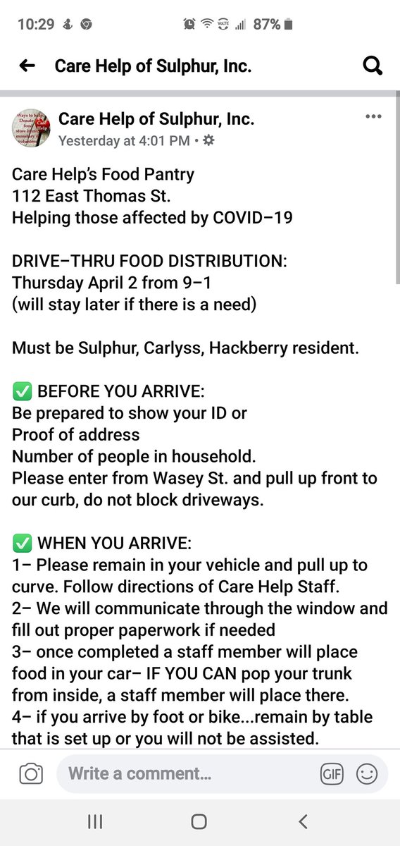 Food Distribution at Care Help of Sulphur today! Bring ID, proof of residency, and # of ppl in your home.  Details below! #sulphur #carlyss #hackberry
