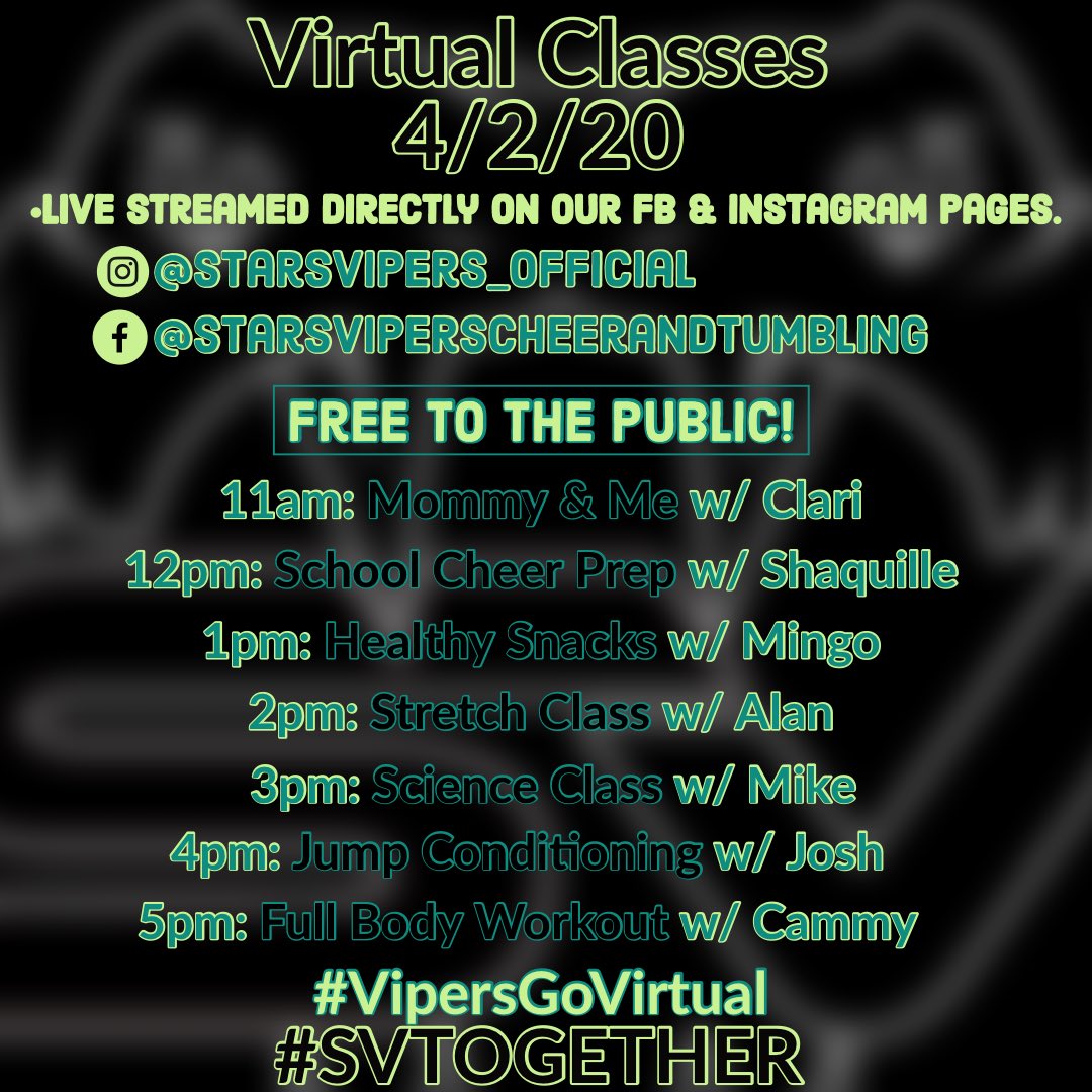 Stars_Vipers's tweet photo. Join us today for our virtual classes!! You’re gonna see some new faces and have some new fun!!
🔆
🔆
Swipe right for the ingredients needed for Mike’s science class!! ⏩
#vipersgovirtual #svtogether https://t.co/Y0ixci3SFq