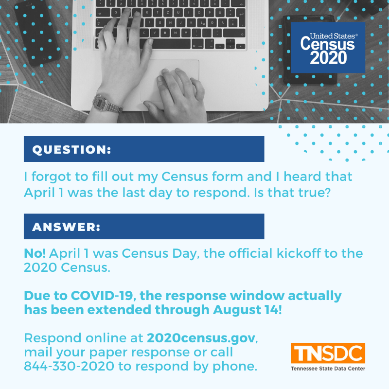 TN_SDC's tweet photo. Did you think the last day to respond to the #2020Census was April 1? That was a (bad) April Fools' Day joke. You can respond through August 14! Respond now at https://t.co/WfCmBhw2aq and RT to spread the word!

#TennesseeCounts #CountMeInTN #YesICountTN #CensusChallenge https://t.co/ZpoKy4Ho97