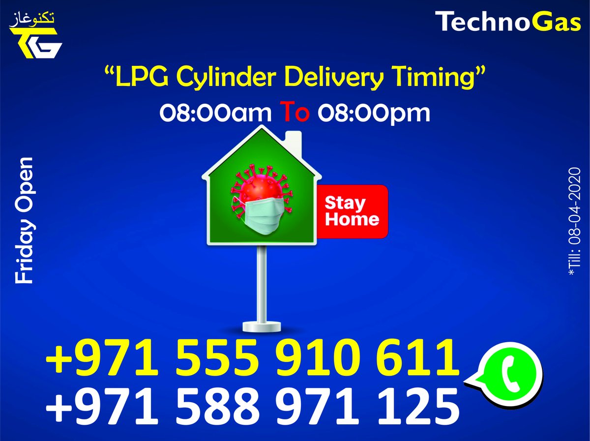 technogasajman's tweet photo. Your Safety is Techno Gas Priority.
Stay Home, Stay Safe. ✅

LPG Cylinder Delivery Time now a days
08:00am to 08:00pm

#HighRiskCovid19
#kitchen #TechnoGas #lpg #gas #Ajman #Cylinder  #Domestic #Commercial #Small #Medium #Large 

Call or Whatsapp , Ajman only
+971 555 910 611 https://t.co/olfxDKFndR