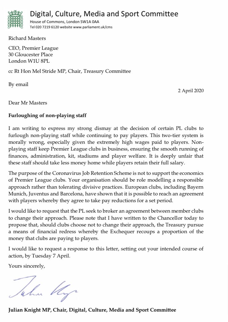 Letter sent by head of parliamentary sports committee  @julianknight15 to Premier League chief executive Richard Masters expressing “strong dismay” clubs are furloughing non-playing staff while still paying players which is “morally wrong.”