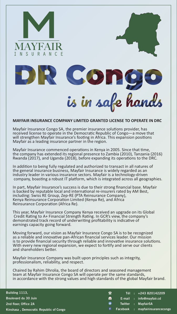 MayfairSa's tweet photo. Mayfair Insurance Agréée Pour Opérer en RDC/
Mayfair Insurance Company Limited Granted License to Operate in DRC https://t.co/YIkvNhdJik