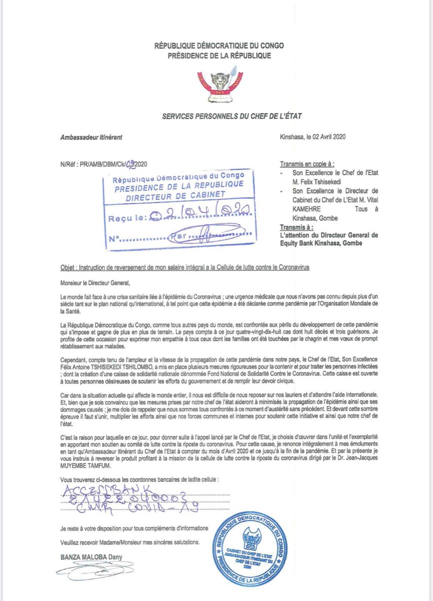#COVID19 Je fais don de la totalité de mon salaire au comité de riposte contre le #Coronavirus, dirigé par le Dr #Muyembe, dès ce jour jusqu'à la fin de la pandémie au pays. Continuons d'observer les gestes barrière partout. Dieu protège la RDC