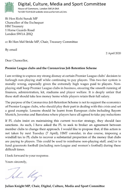 Separate letter to Chancellor  @RishiSunak from sports committee chair  @julianknight15 calling for a windfall tax to be imposed on Premier League clubs that cut pay of non-playing staff using government furlough scheme while “extremely high wages” are still paid to players