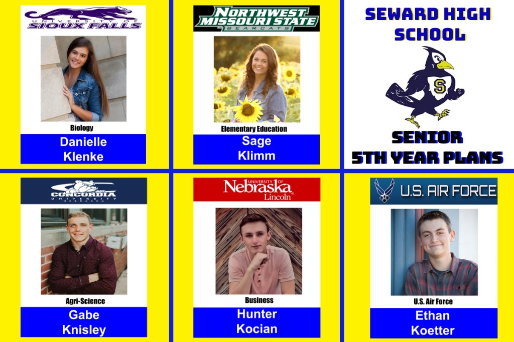 SewardBlueJays's tweet photo. 5th Year Plans
Congrats to these Seward High seniors: Danielle Klenke, Sage Klimm, Gabe Knisley, Hunter Kocian, and Ethan Koetter! #sewardjays #fifthyearplan https://t.co/S9segEmct2