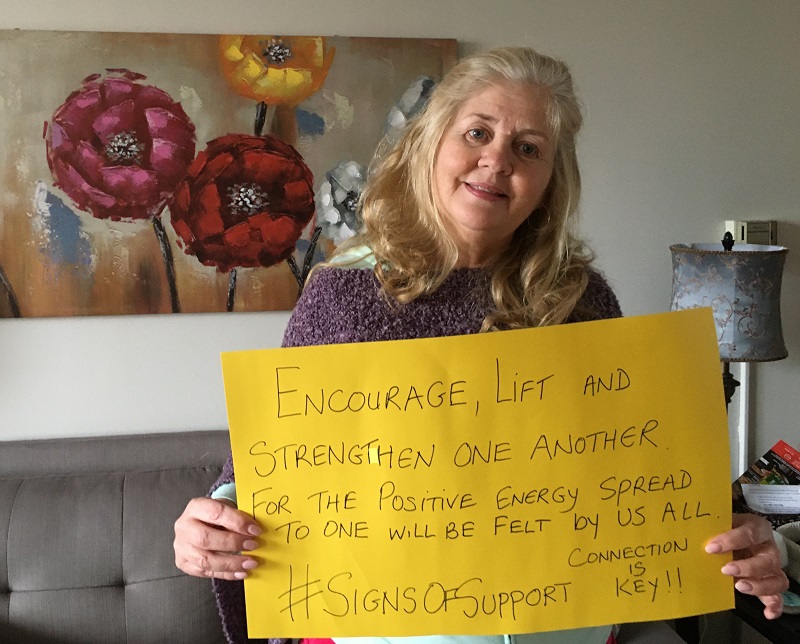 cmhahalton's tweet photo. Here's our Peer Mentor Sandra with another of our team's #SignsofSupport! Want to take part? Write a tip for mental health, wellness, and hope during this difficult time, hashtag it with #SignsofSupport, and tag @cmhahalton. We're all in this together. #mentalhealth https://t.co/PpFsNIdx5o
