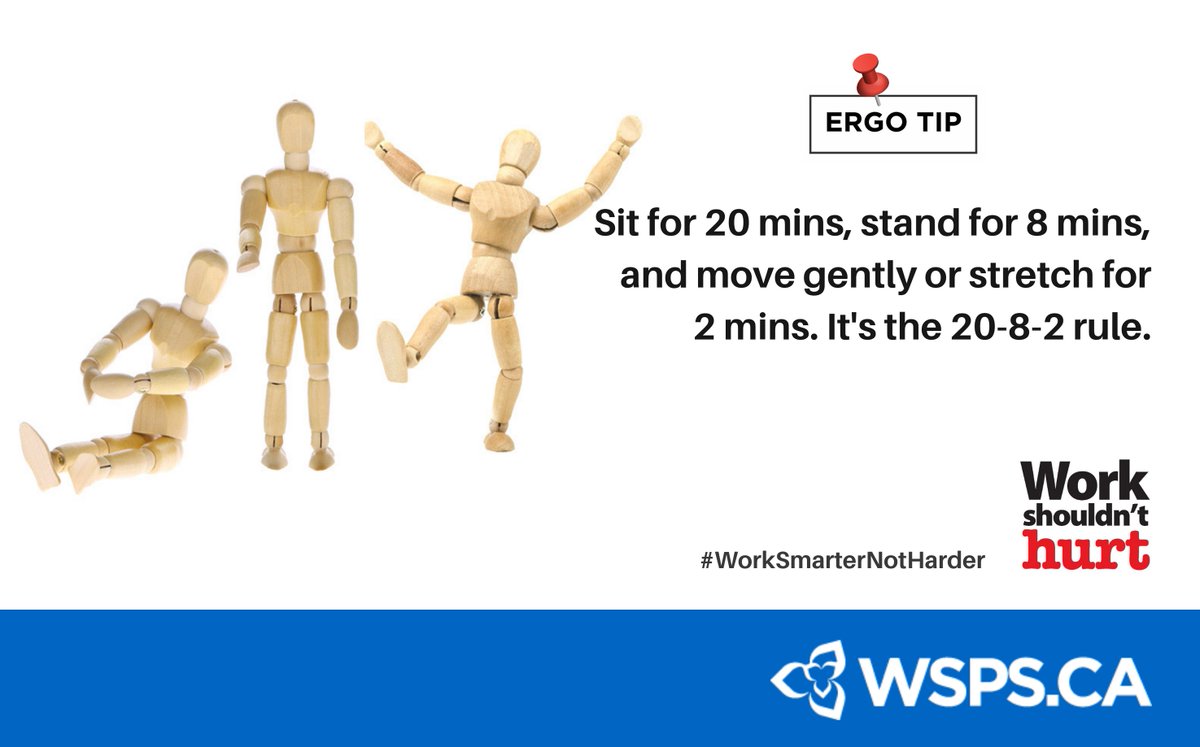 WSPS_NEWS's tweet photo. Working from home to help #FlattenTheCurve?
Don't forget the 20-8-2 rule!
- Sit for 20 mins
- Stand for 8 mins
- Move or gently stretch for 2 mins.
Read more on this #ErgoTip - https://t.co/BXs2oApmxF https://t.co/GbaT1LLT8r