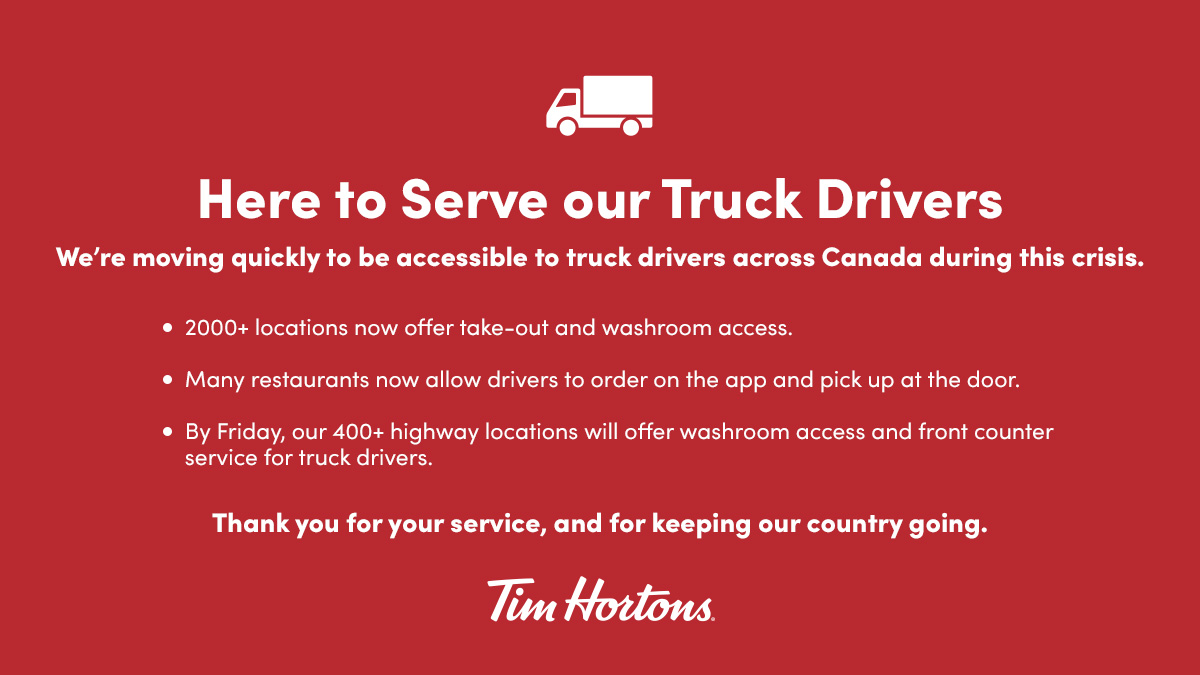 Tim Hortons - Here's our updated store hours so we can continue to