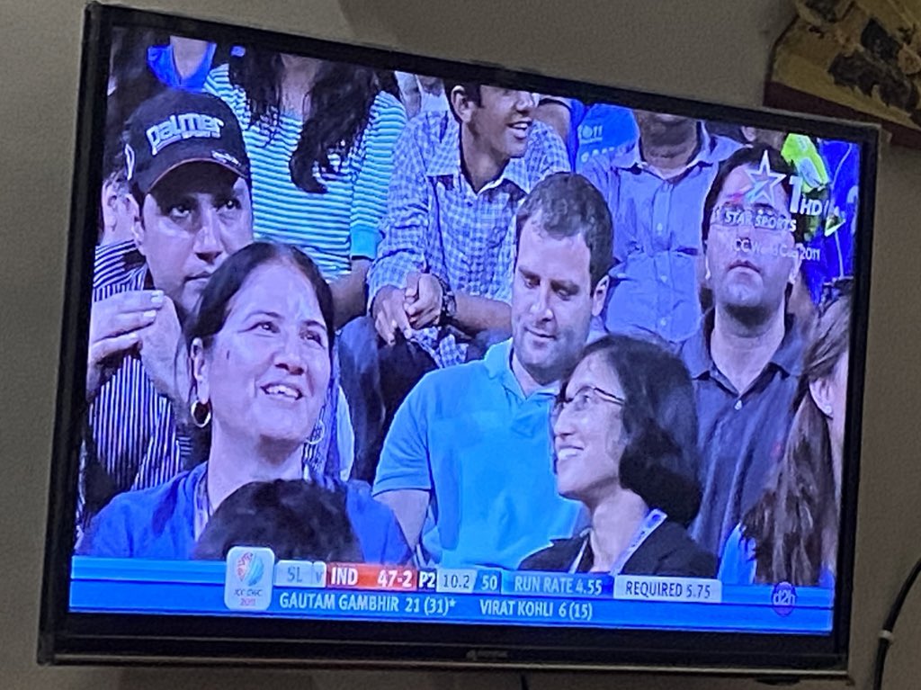 iimcomic's tweet photo. There’s been a lot of debate about whether Gambhir won the 2011 WC final match for us or Dhoni. 

Nobody talks about Rajiv Gandhi’s son plotting the annihilation of Sri Lankans from the stands 👀 https://t.co/65gAVQb2Wu
