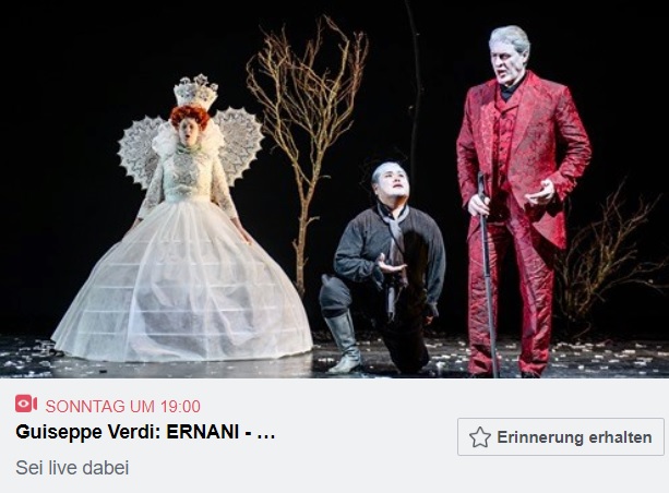 Verdis "ERNANI" wird am kommenden Sonntag, 5.4.,19 Uhr LIVE auf unserer Facebook-Seite gestreamt. Dieser bisher unveröffentlichte Multikamera-Mitschnitt der Erfolgsproduktion von den Opernfestspielen Heidenheim 2019 wird einmalig dort zu sehen sein!