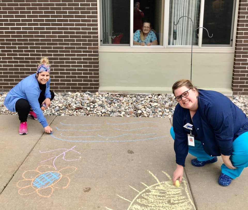 Grab your chalk and brighten your loved ones day! Staff spent the afternoon yesterday writing positive messages and drawing pictures outside of residents windows. #covid19