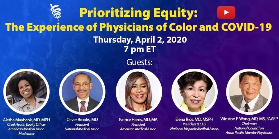FaithCrittenden's tweet photo. Physicians of Color and COVID19
Tune in today 4/2 at 7 pm ET for our discussion on racial health equity featuring physicians leaders of color.  MAS GC chair Dr. Siobhan Wescott will represent AAIP. https://t.co/tHig6NEidP #HealthEquity #AMAChat https://t.co/7nwFEIzVWn