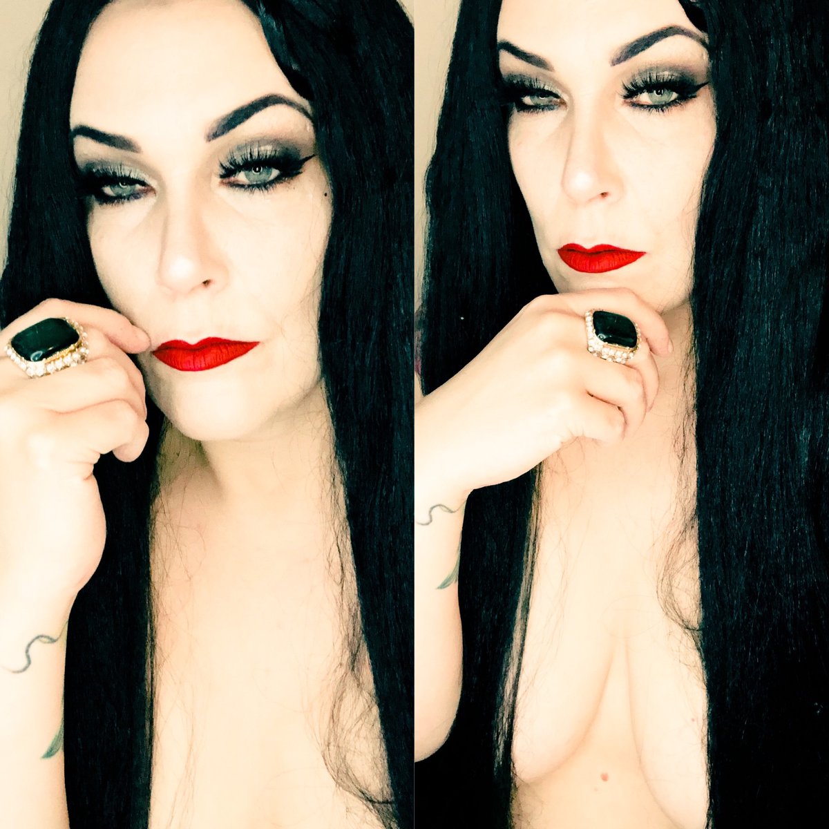 LillyJazMakeup's tweet photo. Mortisha Addams "Salt, pepper, or cyanide?"@kevynaucoin @maccosmeticsuk @TooFaced @jeffreestar  @fentybeauty  @Clinique @bennyemakeup https://t.co/ybHNbUTcKw