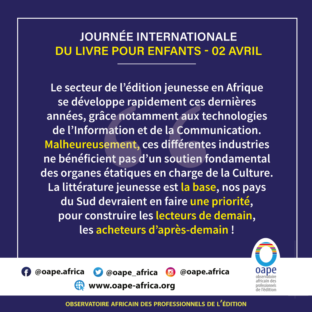 oapeafrica's tweet photo. [OAPE AFRICA]
En cette journée internationale du livre pour enfants, la déclaration de @oape_africa sur la situation du livre jeunesse dans les pays du Sud. Cc @IBBYINT https://t.co/cvnncqR5je