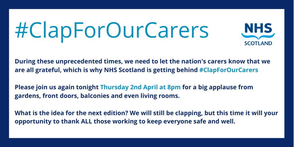 NHSScotland's tweet photo. After an incredible response last week, we are supporting tonight's #ClapforOurCarers at 8pm. This is an opportunity to show your support and say thank you to ALL the key workers out there. Your work is incredible 👏👏👏 https://t.co/1p4M1Cob9r