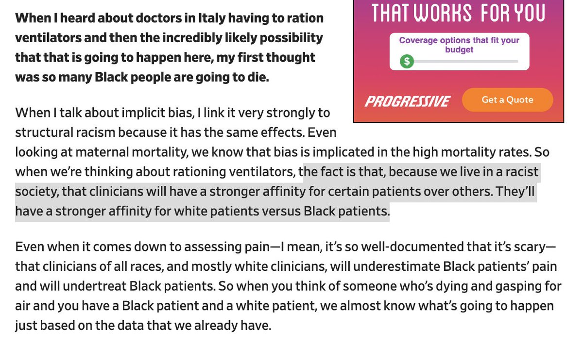 The idea of rationing ventilators is both ableist and racist, as  @SFdirewolf has pointed out. Here, read how  @uche_blackstock points out to  @juliacraven what rationing ventilators would mean regarding anti-Blackness (via ableism, implicit bias & how physicians view Black pain)