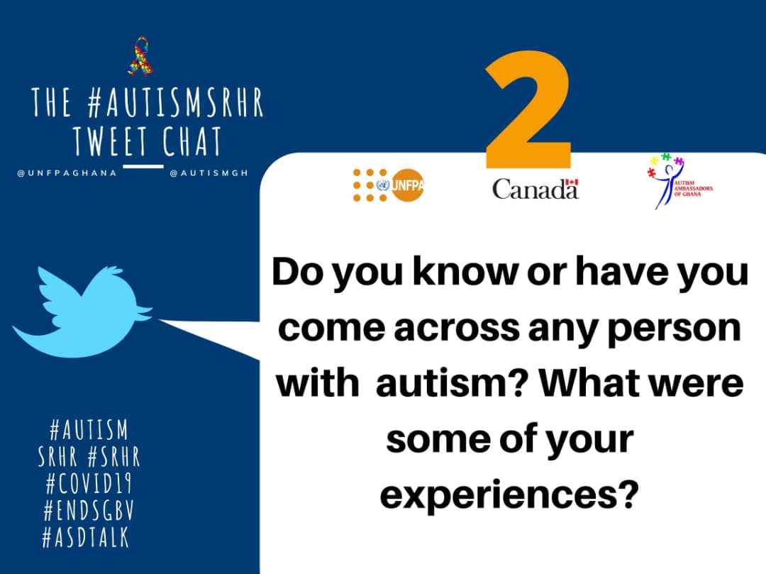 UNFPAGhana's tweet photo. Q2. Do you know or have come across any person with autism?  What were some of your experiences?
#AutismSRHR #SRHR #COVIDー19
#EndSGBV 
#ASDtalk
#AutismAcceptanceMonth https://t.co/WKMRUjUDLH