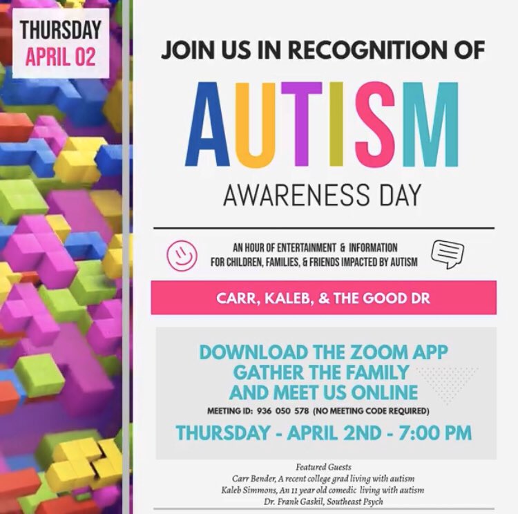 Join @DrFGaskill tonight at 7PM to celebrate #WorldAutismAwarenessDay and talk about how parents can help manage work, school, and life during this time. #AutismAwareness