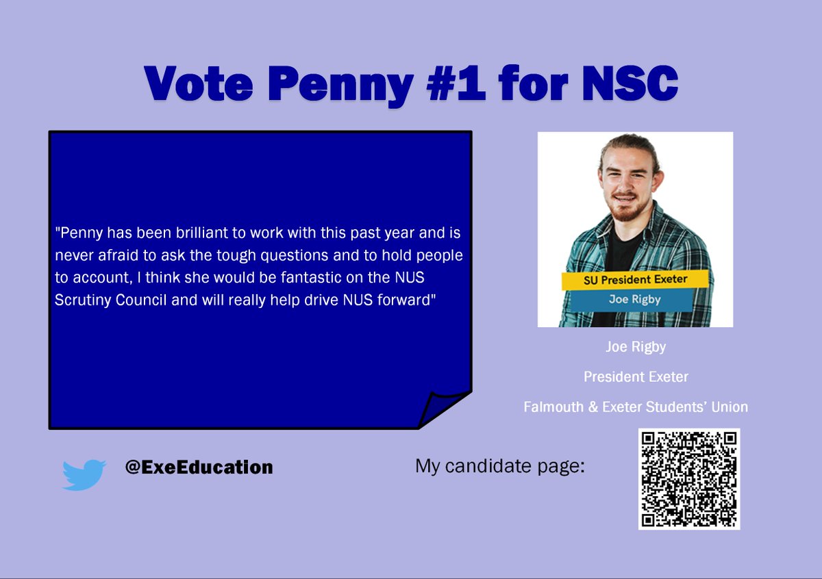ExeVPEducation's tweet photo. Day 3 of #NUSNC2020! How is it going for you all? Today I'm very excited to share with you some more endorsements for my bid to be on National Scrutiny Council. First up is from my colleague Joe Rigby down the road in @TheSUFalExe. Vote Penny #1 for NSC! #NUSNC20 #NUSConference https://t.co/4ttbrVaVgK