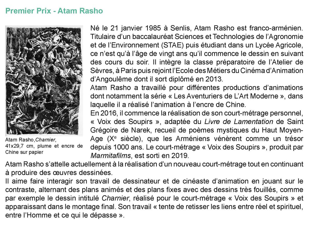 Atam Rasho a reçu le premier prix du #Prix de #Dessin Pierre David-Weill - Académie des beaux-arts 2020. Né en 1985, Il est diplômé de l'<a href="/AtelierdeSevres/">Atelier de Sèvres</a> et de l'<a href="/EMCA_ANGOULEME/">EMCA</a>. Dans ses œuvres, il fait interagir son travail de dessinateur et de cinéaste d'animation.