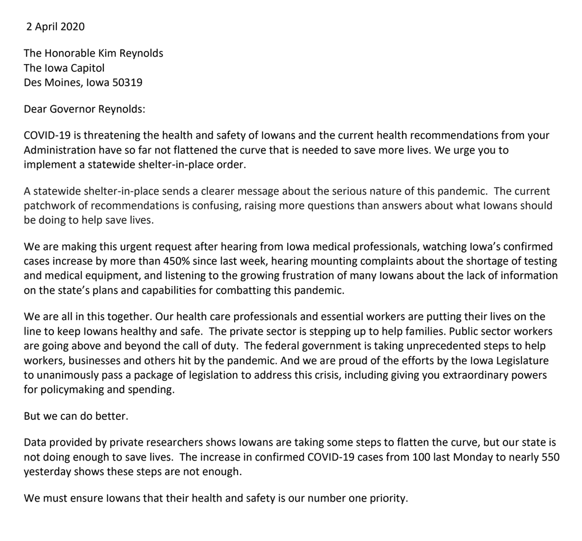 IAStartingLine's tweet photo. Iowa Democratic legislative leaders call on Gov. Kim Reynolds to issue a shelter-in-place order https://t.co/ny4QPLsGU2
