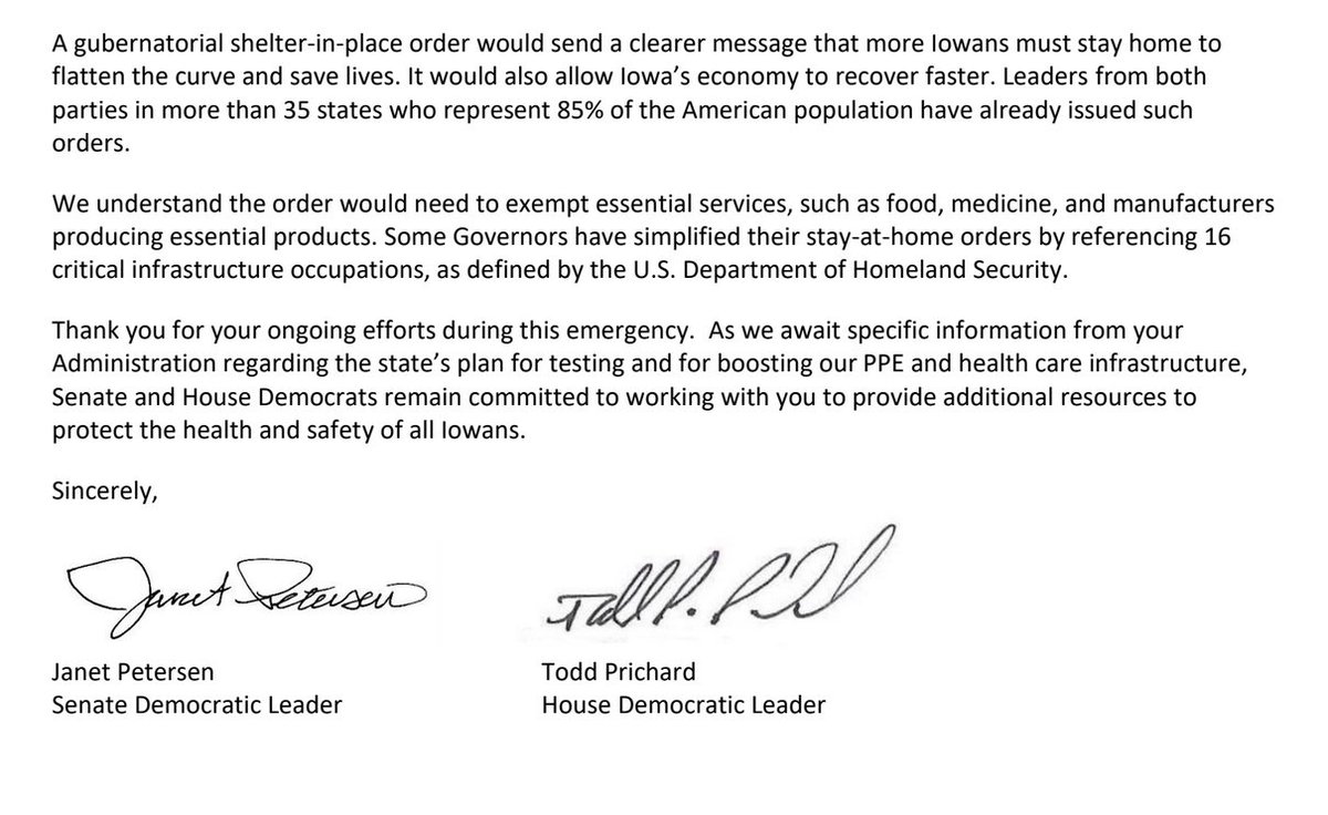 IAStartingLine's tweet photo. Iowa Democratic legislative leaders call on Gov. Kim Reynolds to issue a shelter-in-place order https://t.co/ny4QPLsGU2