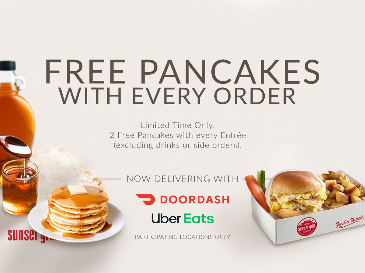 SunsetGrillCA's tweet image. Enjoy Sunset Grill breakfast in the comfort of your own home. 🥓

Give delivery a try and enjoy two pancakes for FREE! 🥞 Limited time; participating locations only.

Find us on Uber Eats or Doordash NOW! 🚗

#Breakfast #BreakfastDelivery