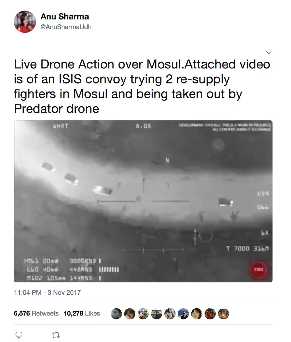A very similar image had been used in this tweet two weeks earlier by a journalist claiming to show it was a Predator drone attacking an ISIS convoy, something I had dug into at the time.  #InternationalFactCheckingDay