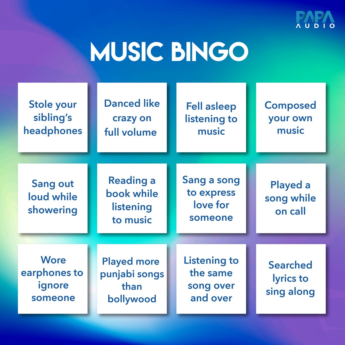 papabrandsinc's tweet photo. Bored of quarantine? We bring you the #MusicBingo fun.
Tell us what all you can relate to by sharing the answers in your story, tag your friends and we will feature your story on ours😀
#PapaAudio #BingoChallenge #Quarantine #QuarantineActivities #Lockdown https://t.co/kZmnnTRtcR