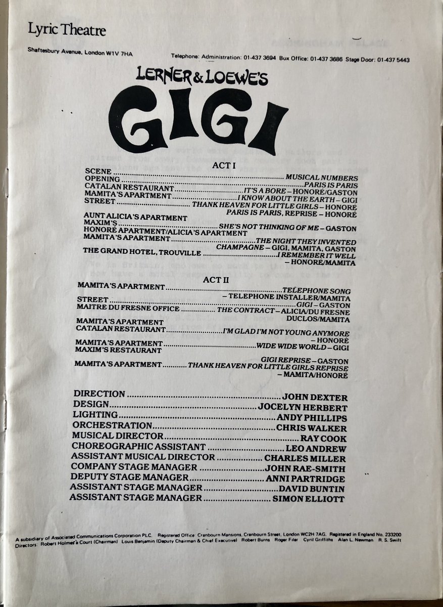 Today's  #DudleysProgrammes pick is  #Gigi at the Lyric Theatre in 1985.Best known as a 1958 MGM film classic (based on Colette's 1944 novel), it was rewritten for this stage musical, inc 4 new songs & orchestrations by Lerner & Loewe. Did anyone see it?  #theatrethrowback