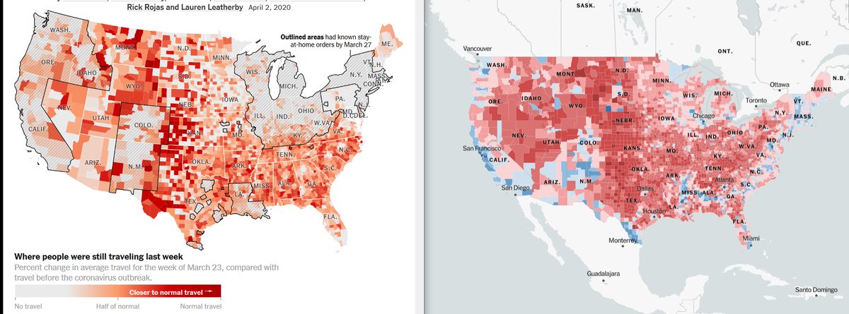 Maybe an even better comparison: Where people's normal travel amts didn't change (L) & 2016 election results (R). Still a very clear Trump/Fox News effect as well as an effect of stay-at-home orders (thanks state & local governments!)