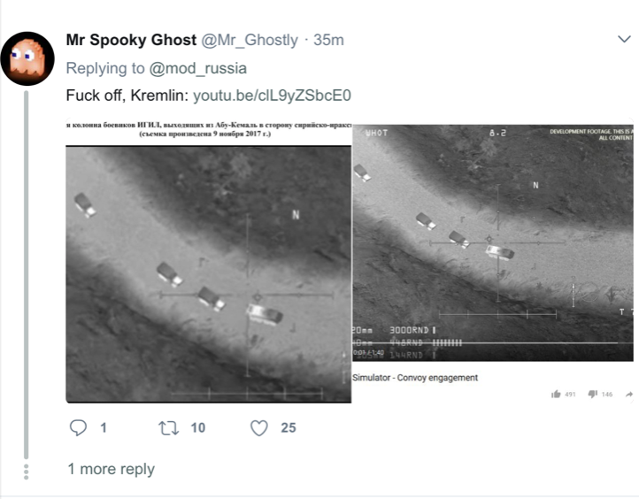 At the time of the earlier use of the image, claiming it was a US drone attacking ISIS, I had noted it was from a computer game, and the sort of people who follow me also follow  @mod_russia, so the response to their tweet was immediate  #InternationalFactCheckingDay