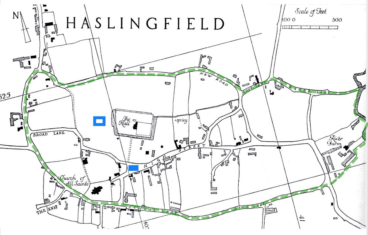 7. Do any fragments of the green survive? Well, yes! They do! A small triangular area with the village sign (marked just L of the H of High St on the map) & a large open area, marked to the L of the moated Hall.