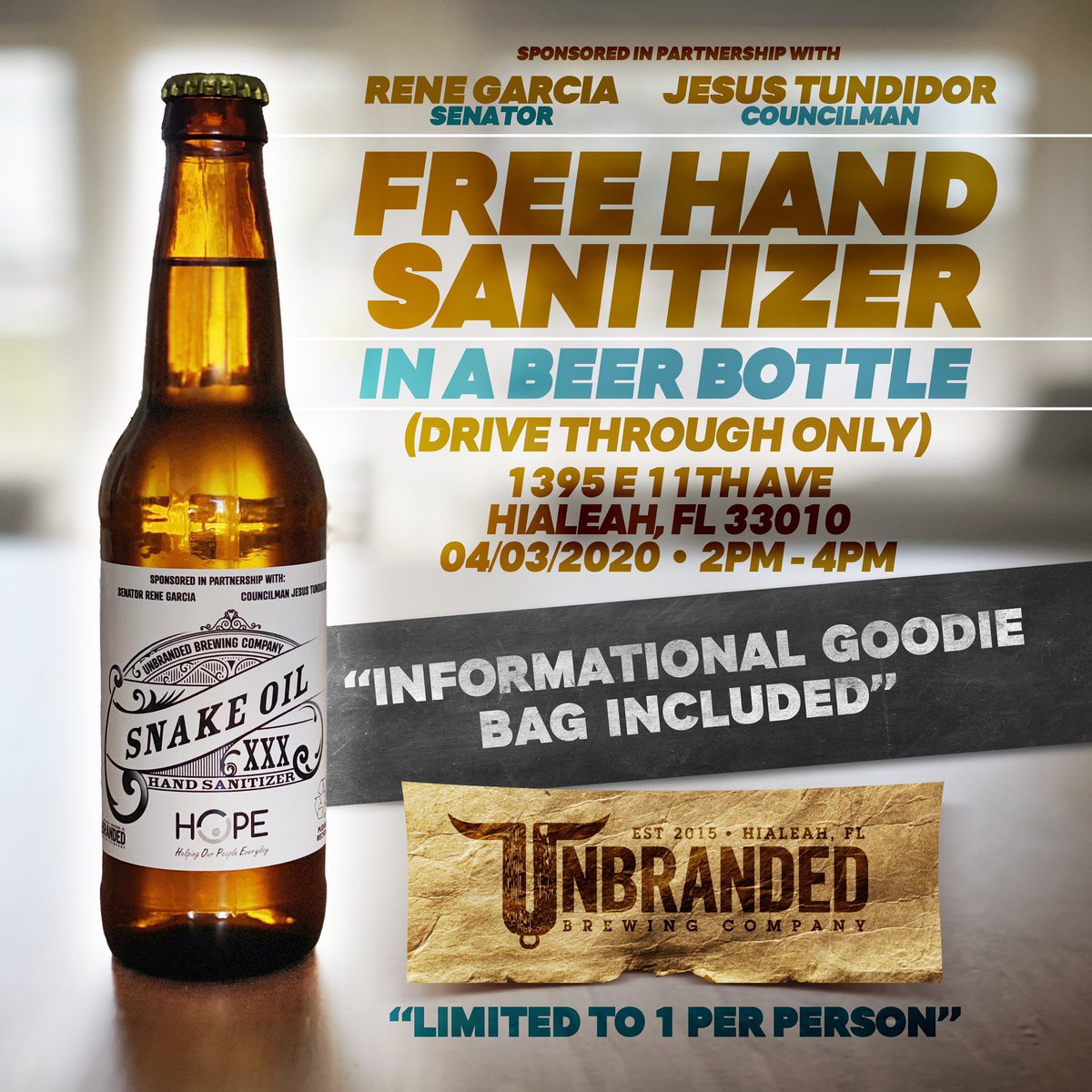 Tomorrow, between 2pm-4pm, Senator Garcia and I will be partnering with #Unbranded Brewing Company to distribute #free bottles of hand sanitizers made by your local Hialeah Brewery! This is DRIVE THROUGH ONLY! No beer! #hialeah #supportlocal .