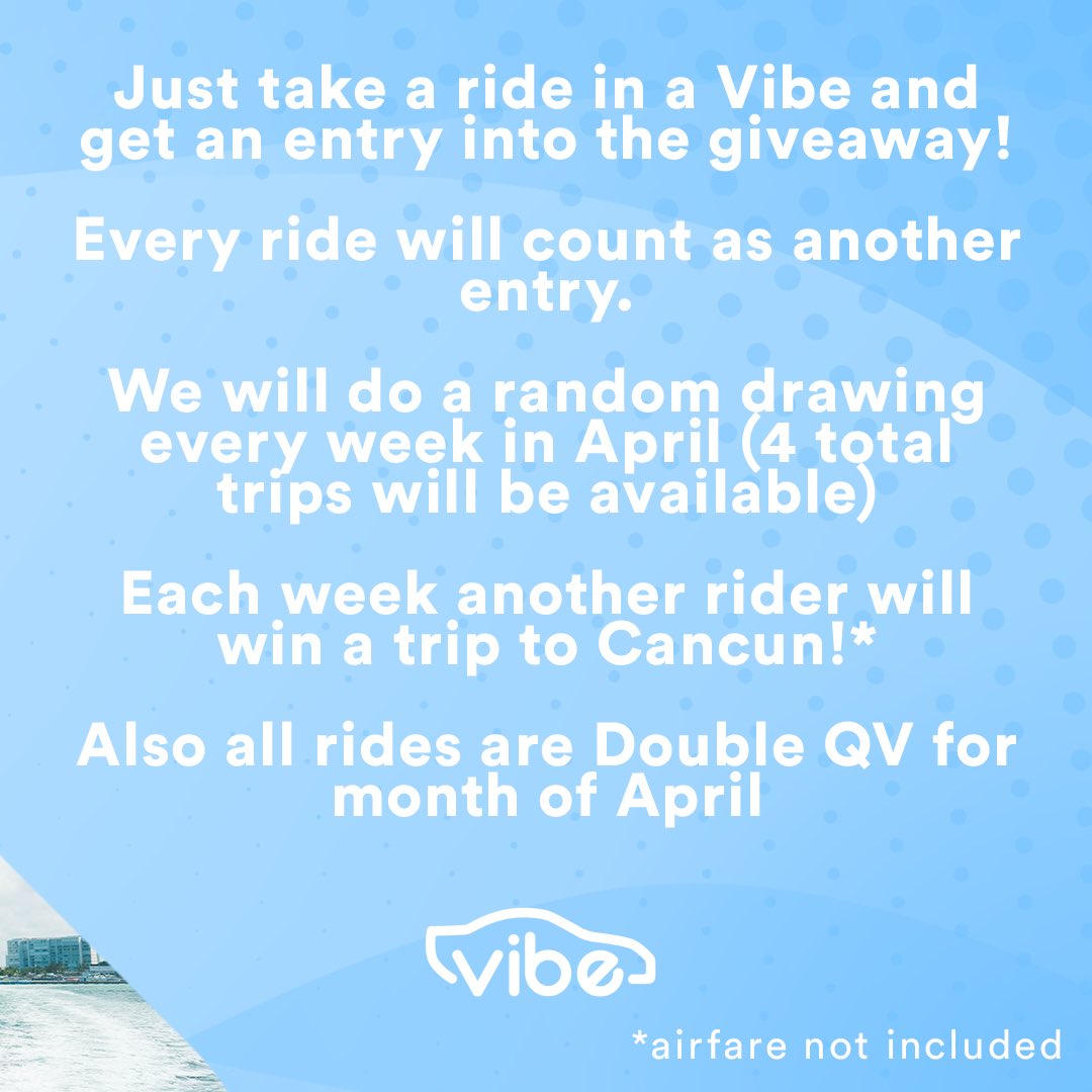 ibuumerang's tweet image. Ride and Win - 4 Trips to Cancun in April! ☀🌴🏄‍♂

Win an All Inclusive 4 day 3 night Vacation in Cancun!🚀

How do you win?Just ride in a Vibe!!🚙

After I ride what happens? Every ride gets you an entry into the drawing.💯
...
Check out our IG/FB for more details! 🔥🔥🔥